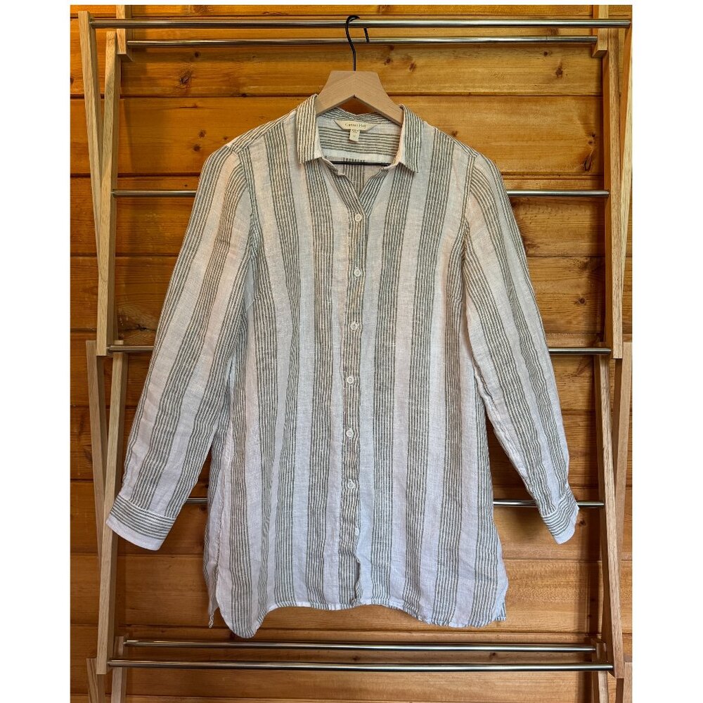 Women's Garnet Hill Easy Linen Tunic - European Flax Linen, Green Stripe, PP 0-2